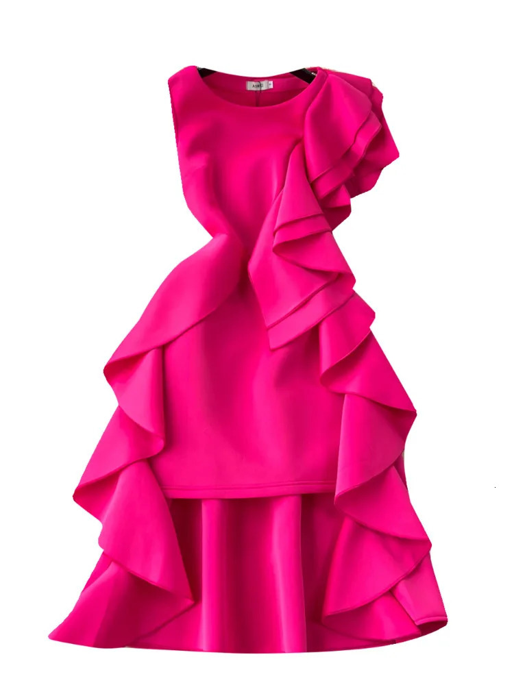 XFPV Womens Sleeveless Rose Red Ruffle Edge High End Slim Party Dress Vestidos Korean Fashion Autumn Winter 2025 SM9347 250103