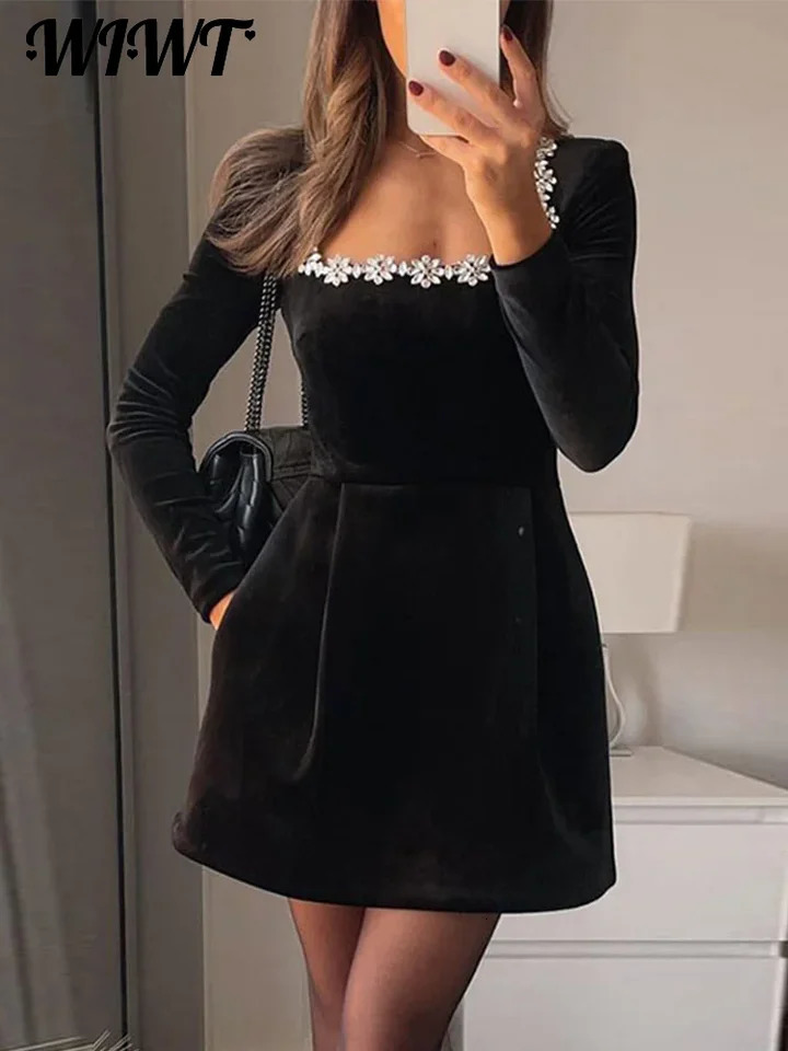 Ultra thin rhinestone square neck dress for women elegant velvet long sleeved A-line mini dress 2025 womens party vest 250103