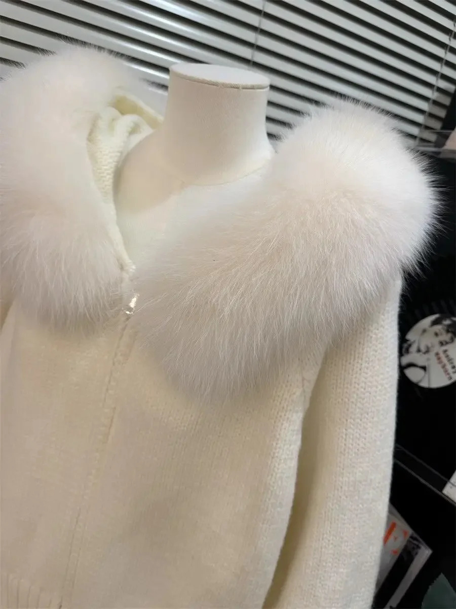 Womens Hooded Knitted Cardigan Loose Fur Collar Monochromatic Coat Zipper Casual Fashion Winter 250102