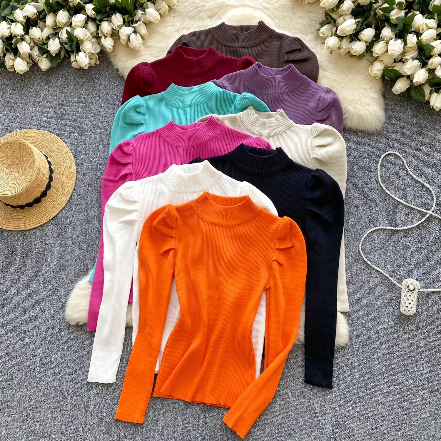 2025 Autumn Winter Women Simplicity Half High Collar Long Sleeve Sweaters Folds Shoulder Solid Multi Color Pullovers Tops 241227