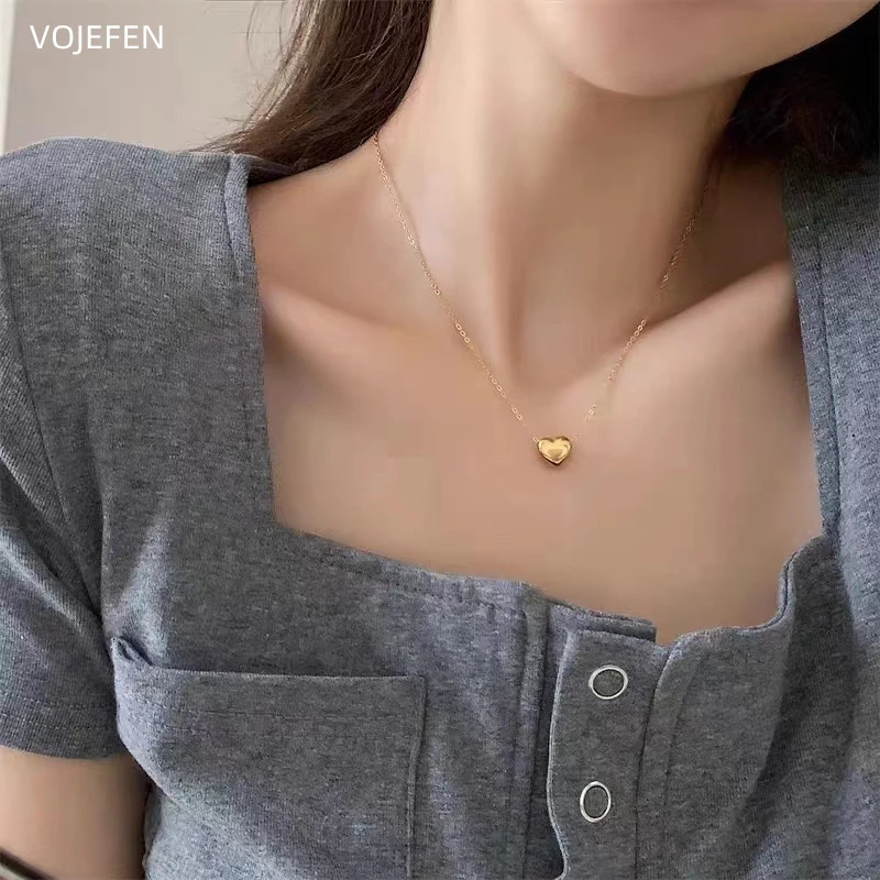 VOJEFEN 18K Gold Neck Heart Pendant Necklace Womens Jewelry On The Neck AU750 Pure Chain Original Girl Chokers Necklace 250106