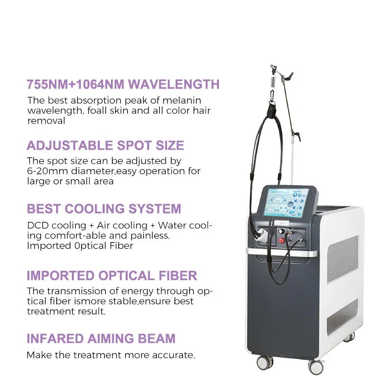 Effective Alexandrite Laser hair removal 755nm 1064nm Long Pulse Nd Yag Hair Removal Skin Rejuvenation Veins Vascular pigment removal machine 1 year w