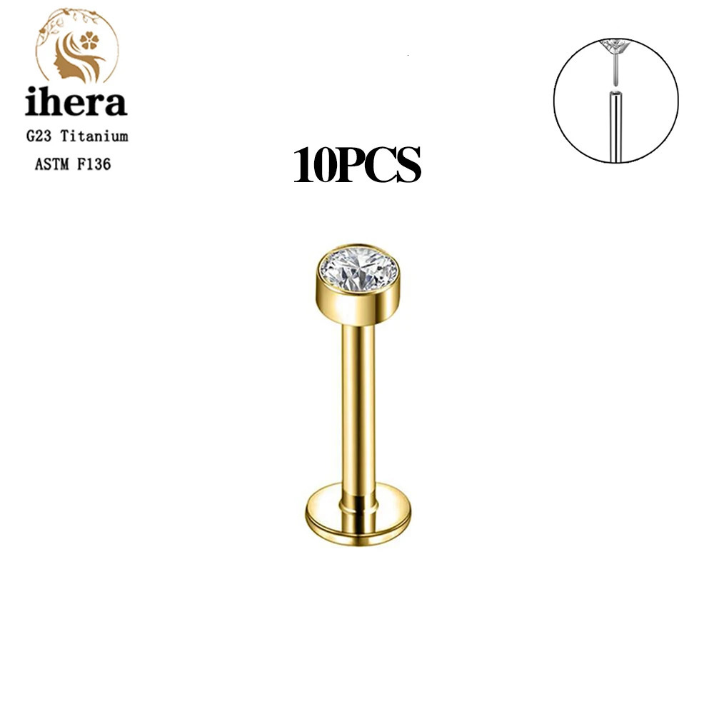 10PCS 20/18/16G G23 Gold Color Labret Lip Stud Nose Ring Ear Tragus Helix Cartilage Piercing Earrings Body Jewelry 250103