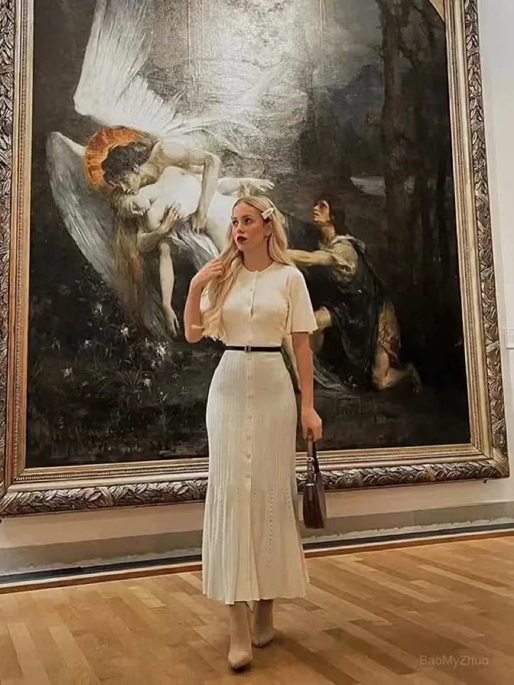 2025 Elegant Solid Cut Knitted Long Dress for Womens Fashion V-neck Short Sleeve Sexy Dress for Womens Communicating Robe 250103