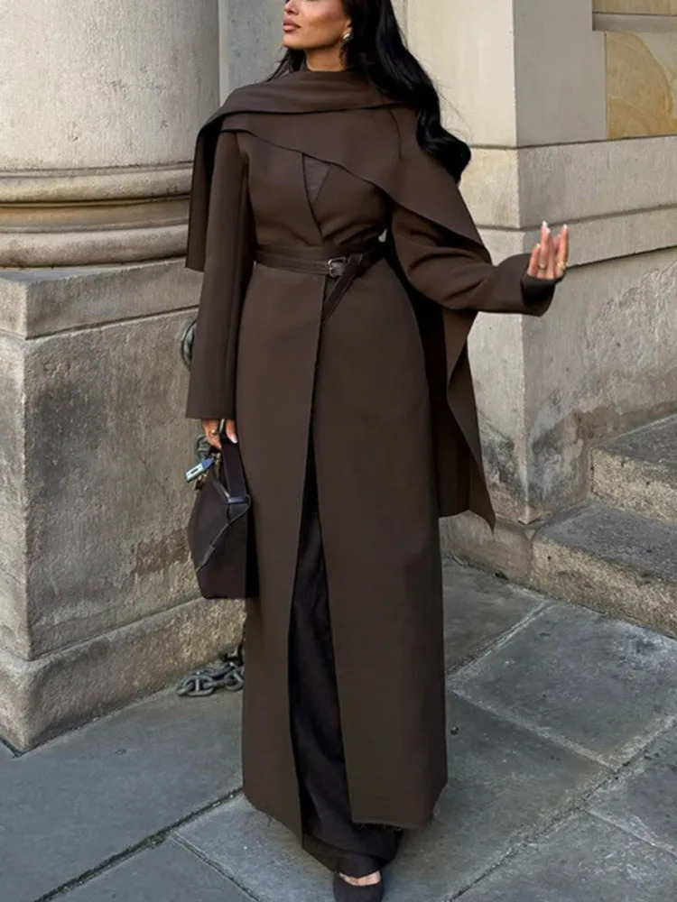 LGRQ Causal Scarf Collar Cloak Solid Color Single Button Slim Thick Warm Long Sleeve Womens Trench Coat 2024 Winter 19D260 250102