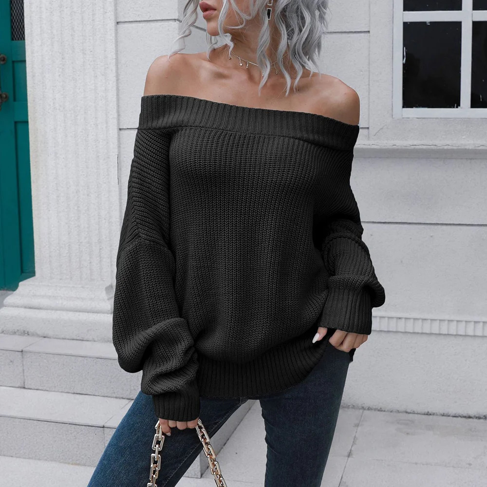 Mia Muse Womens Sweater Autumn French Simple Solid Color Long Sleeve Off Shoulder Basics 250103