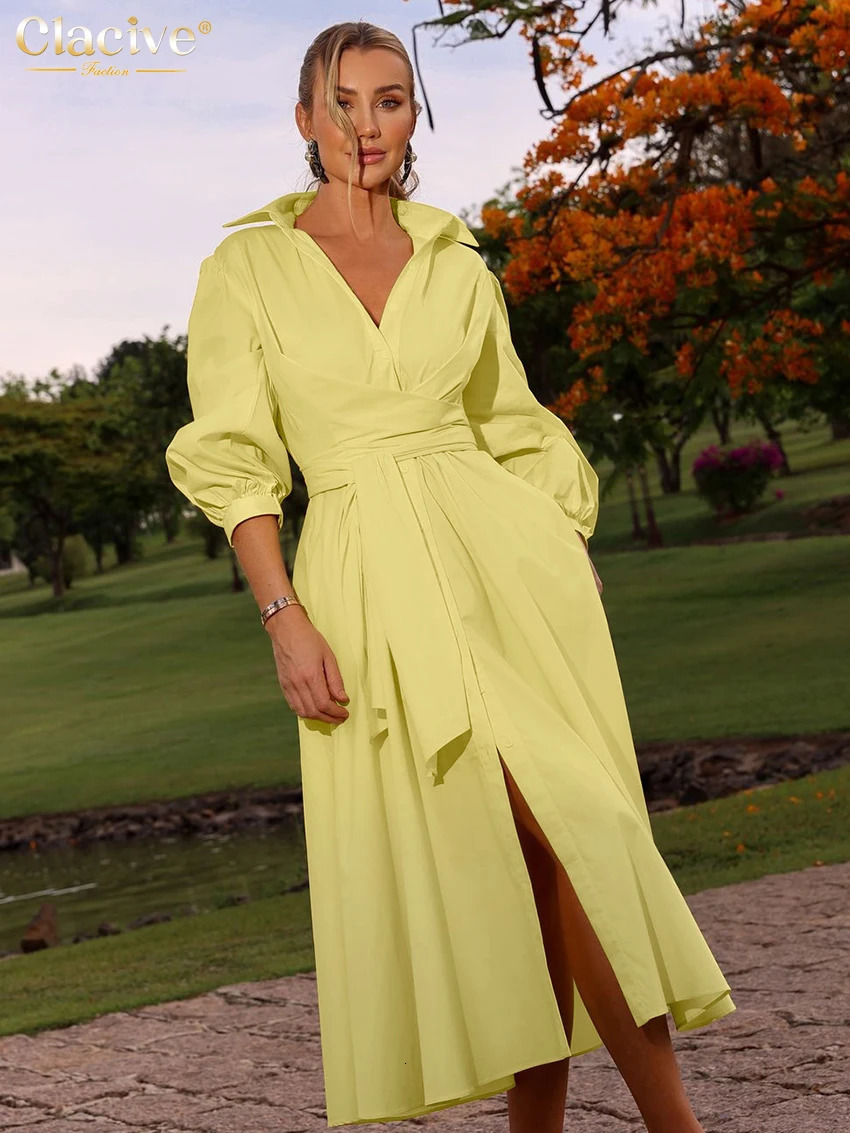 Clacive Fashion loose yellow cotton womens dress 2025 casual lapel long sleeved midi dress elegant classic lace dress 250103