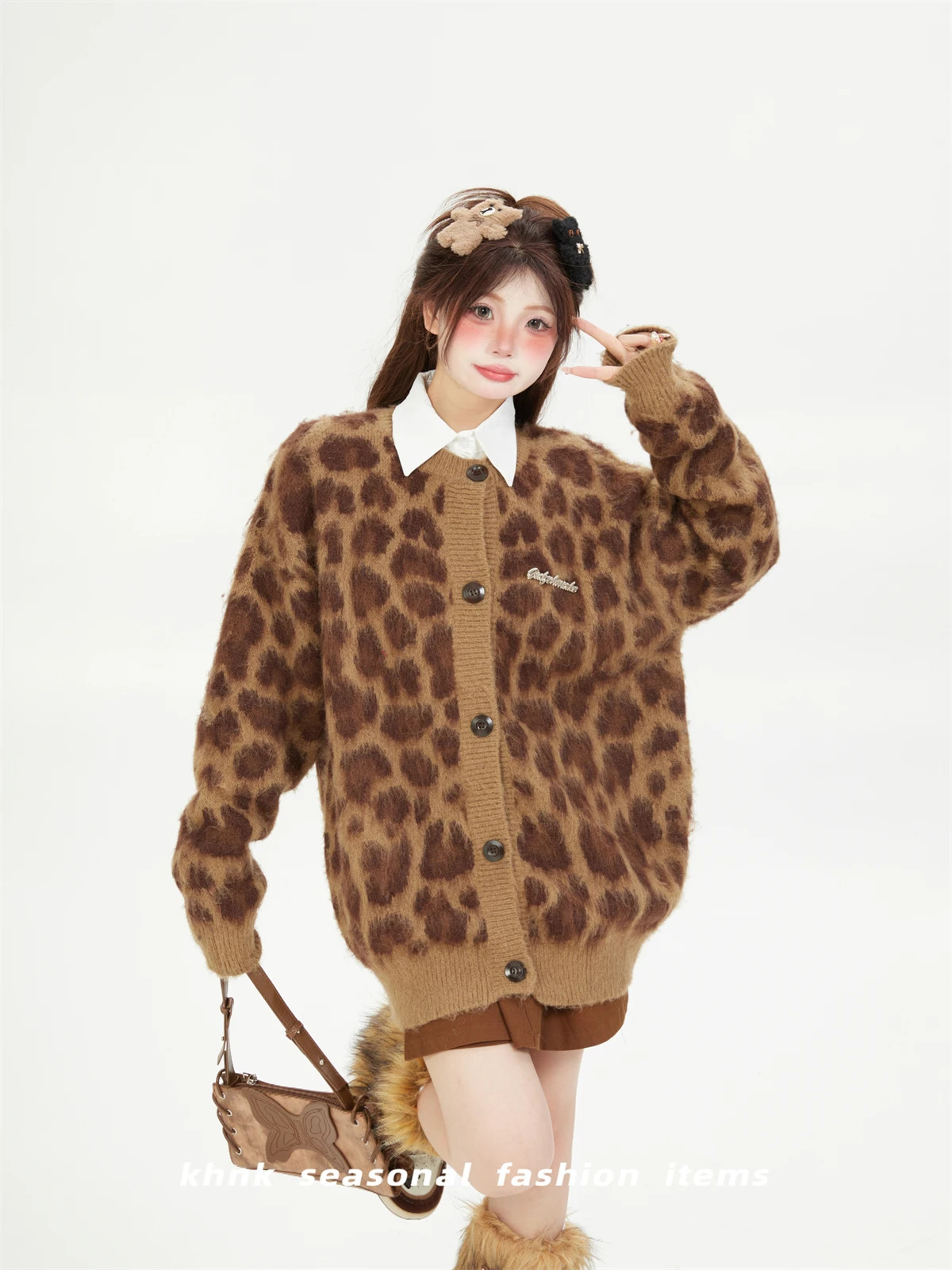 Knitted jacket womens high street leopard print mohair thickened warm loose casual crew neck sweater cardigan autumn and winter 250103