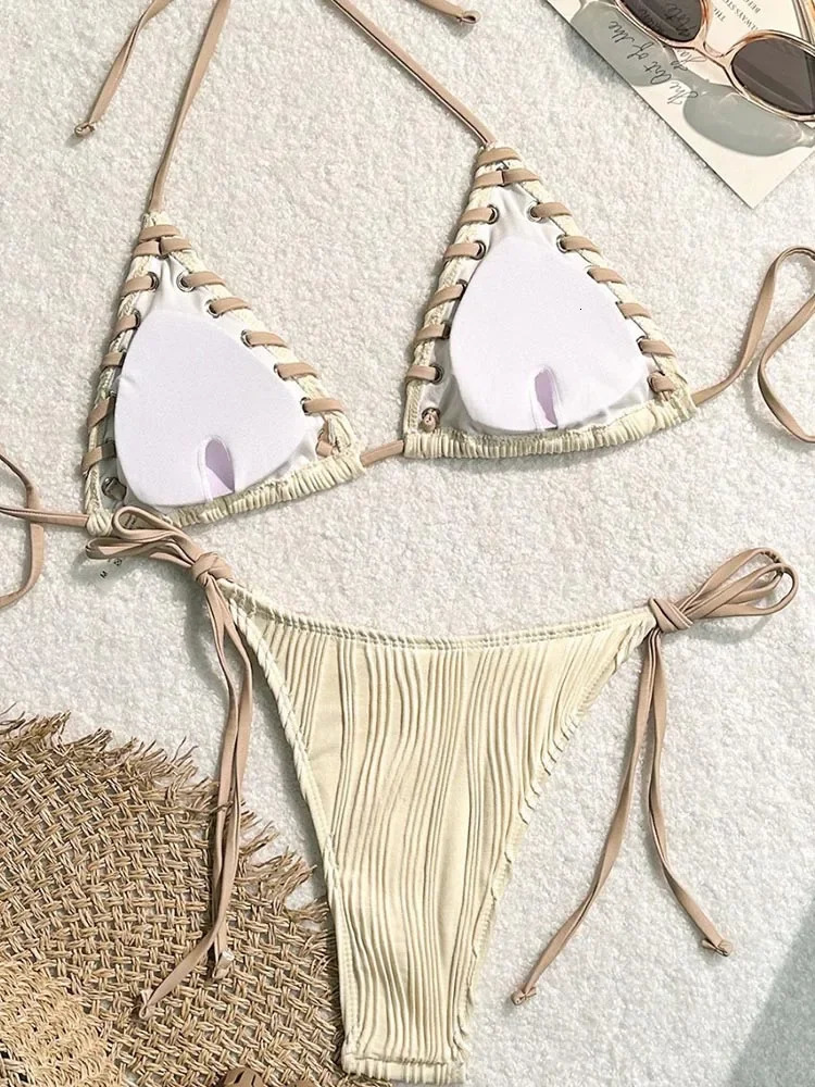 Sexy Bathing Suit Women Orange Swimsuit Halter Bikini Set Twopiece Split Biquinis Drawstring Swimwear Lace Up Beach Wear 250106