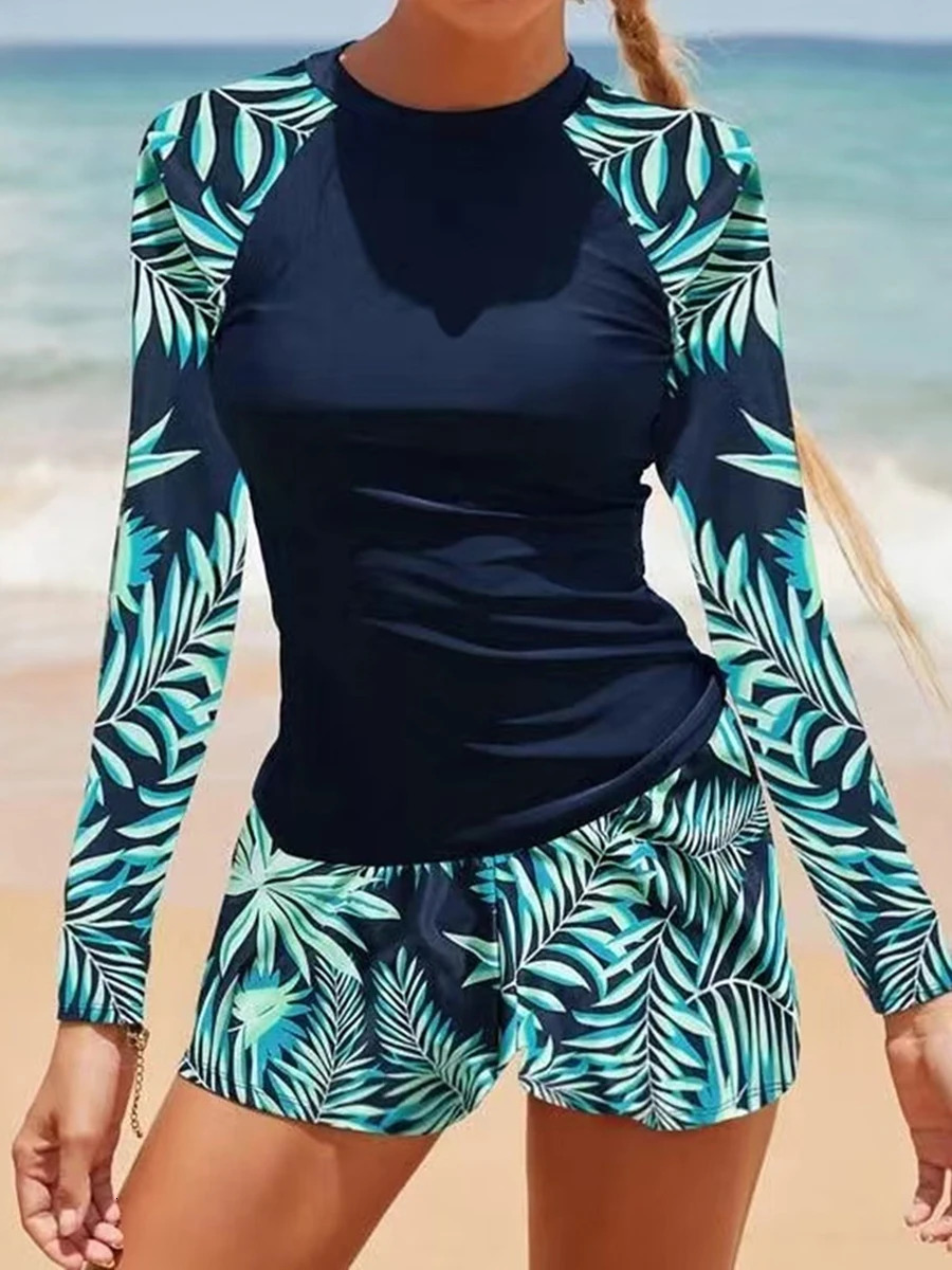 Long Sleeve Surfing Swimsuit Print Swimwear Women Two Pieces Diving Clothes Beachwear Bathing Swimming Swim Suit 250106