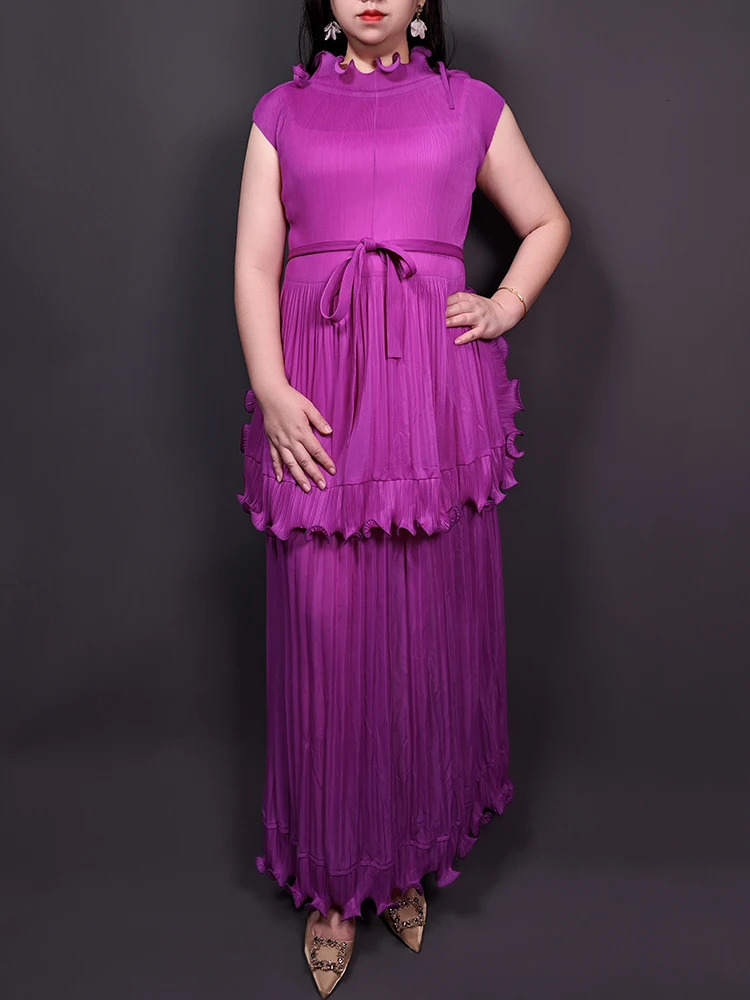 Lanmrem fashion pleated womens multi colored pleated edge splicing belt gathered waist dress elegant 2025 32C2089 250103