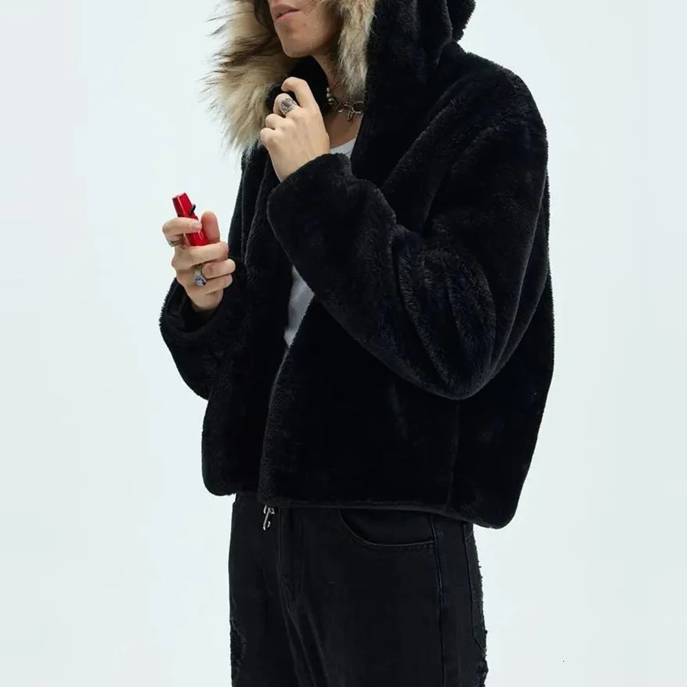 Mens Y2k Jacket Hooded Fur Thick Warm Neutral Coat Autumn Winter Fashion Casual Loose Trend AllMatch Sweater Clothing 241227