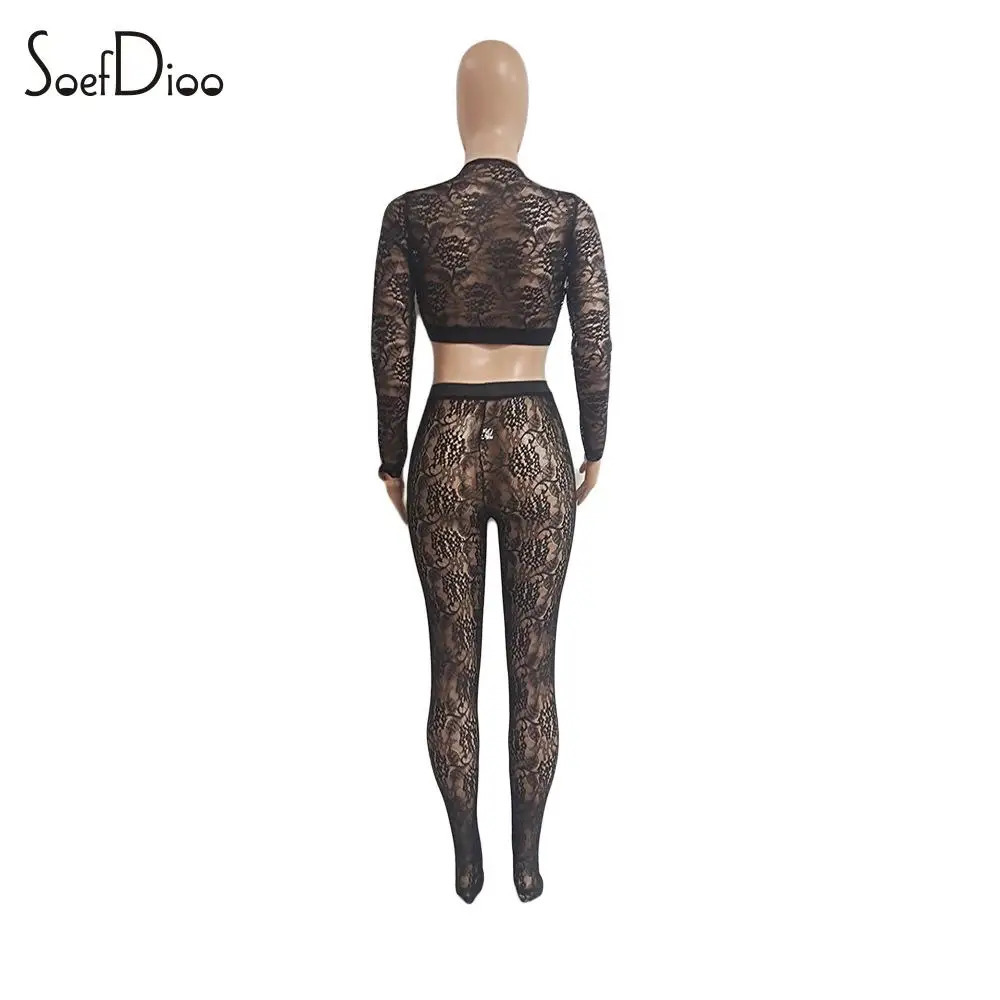 Soefdioo Sexy Lace 2 Piece Set Women Fashion Long Sleeve Crop Tops and Pants Matched Summer Night Party See Through Outfits 250106