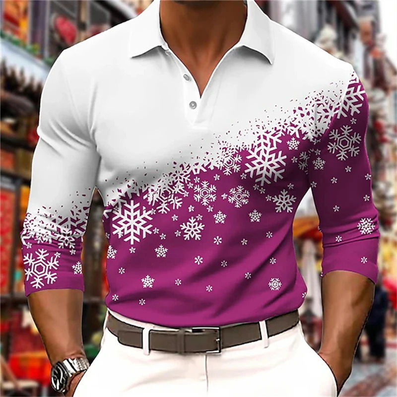 Mens Polo Shirt Golf Shirt 3D Printed Snowflake Graphic Top Christmas Street Long Sleeve Button Mens Polo Clothing 250103