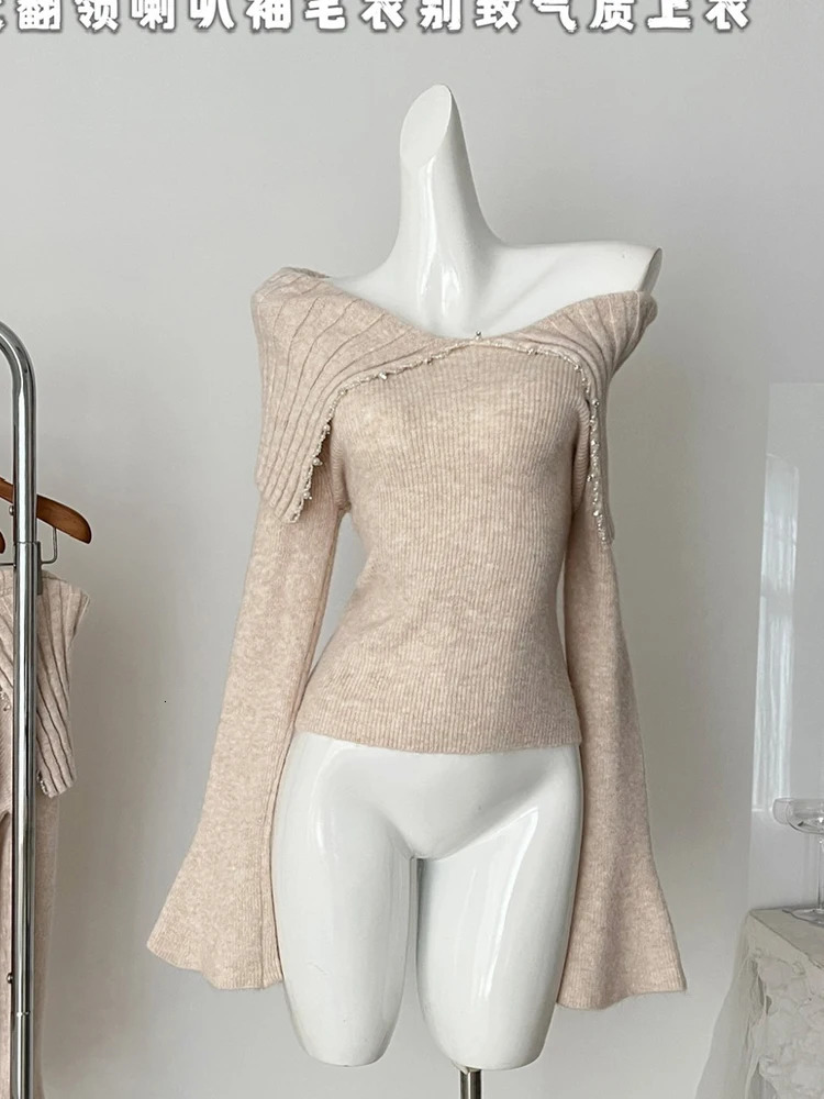 Winter Women Shoujo Old Money Long Sleeve Crop Sweaters French Off Shoulder Knitwear 2000s Aesthetic Y2k Design Coquette Gyaru 250103