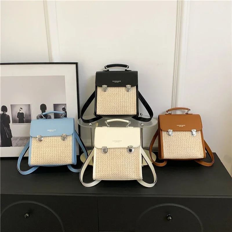 High Quality PU Straw Fashion Backpack Simple Versatile Crossbody Bags for Women Summer Large Capacity 250102