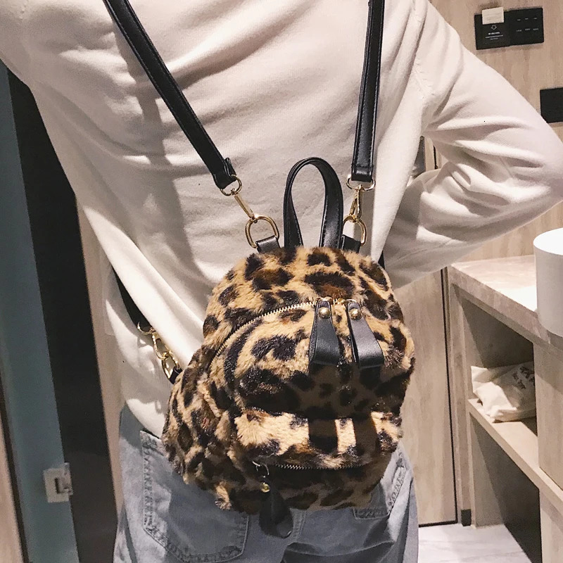 Autumn And Winter Cute Mini Leopard Backpack Velour Double Shoulder Bag Chain School Bags Backpacks 107 250102