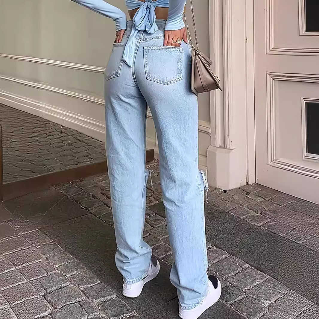 2024 New Womens High Waist Comfortable Loose Wide Leg Jeans for Women Skinny and Perforated Casual Pants