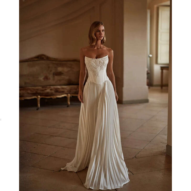 Nova A Milla E Dresses Bridal Gowns Appliqued Strapless Boho Wedding Dress Bone Bodice Ruched Pleated Skirt Backless 0213