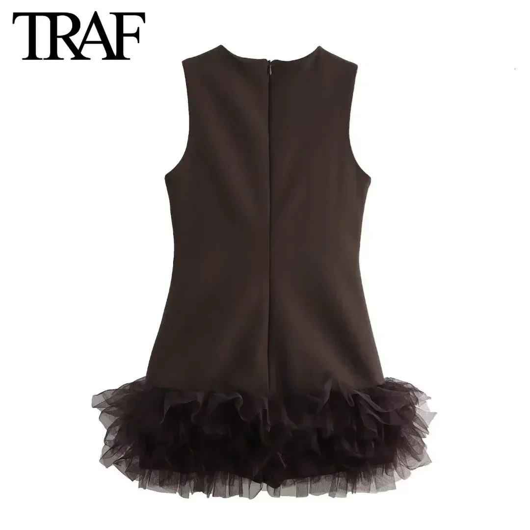 TRAF Elegant Hem Mesh Mini Dress Womens Sexy Slimming O-Neck Sleeveless Womens Party Dress 2025 Spring A-line Womens Dress 250103