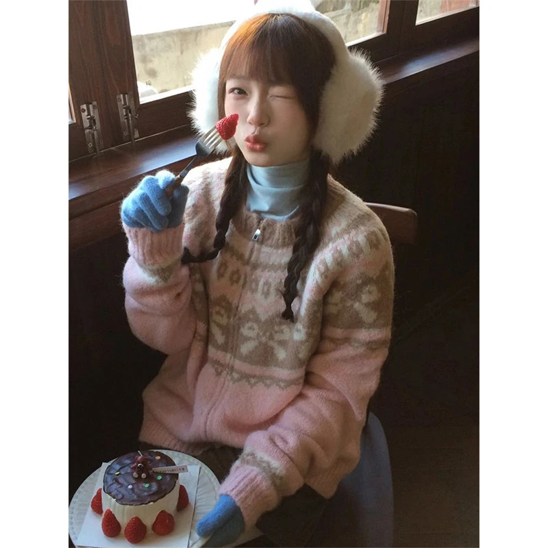 MEXZT Vintage Print Knitted Cardigan Women Japanese Long Sleeve Sweater Outerwear Winter Aesthetic Pink Knitwear Korean Jumpers 250103