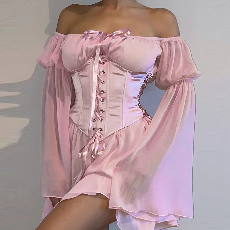 Off Shoulder Mesh Yarn Short Dres Summer Dress Flare Sleeve Lace Up Corset Bustier Aline Evening Party 250103