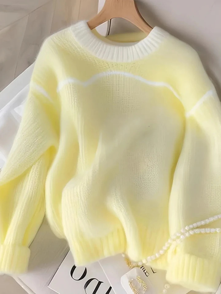 Zoki Fashion Yellow Sweet Sweaters Women Casual Loose Elegant Knitted Jumpers Korean Long Sleeve O Neck Patchwork Pullovers 250103