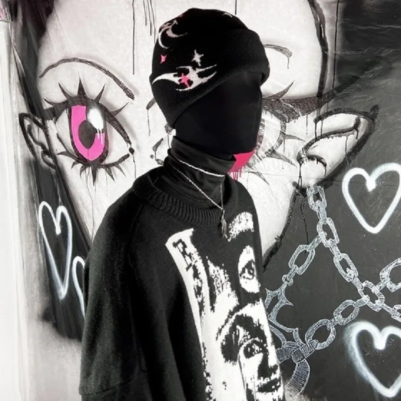 Y2K Gothic Pattern Wool Acrylic Knitted Hat Women Beanie Jacquard Windproof Warm Hat Mens Hip Hop Grunge Casual Outdoor 250106