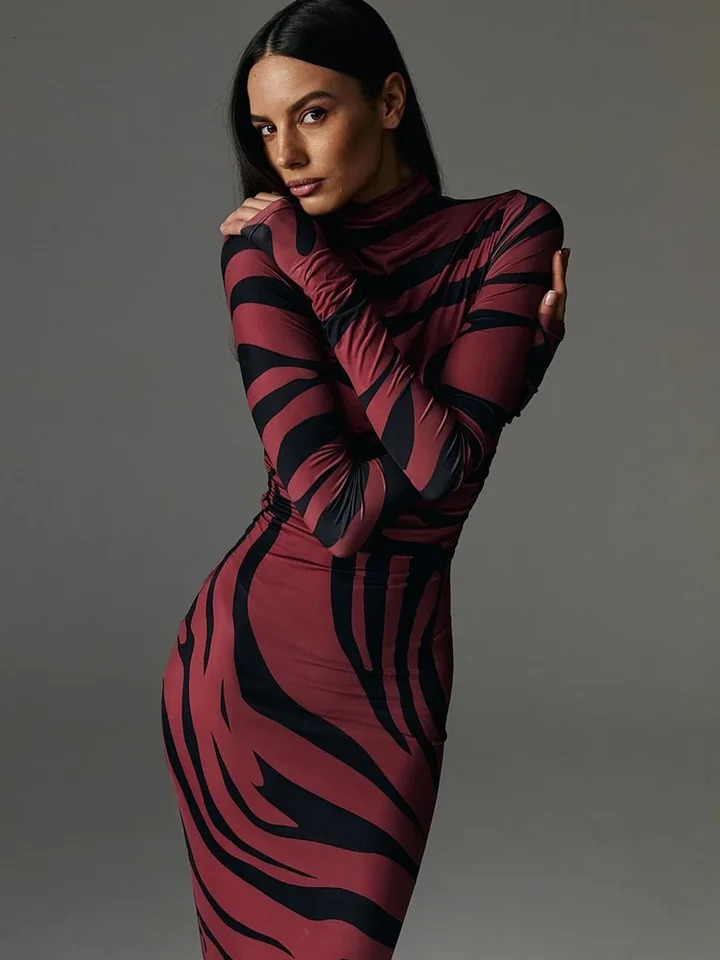 Leopard Printed Female Maxi Dress Skinny Long Sleeve Sexy High Waist Fashion Summer Streetwear Womens 250103