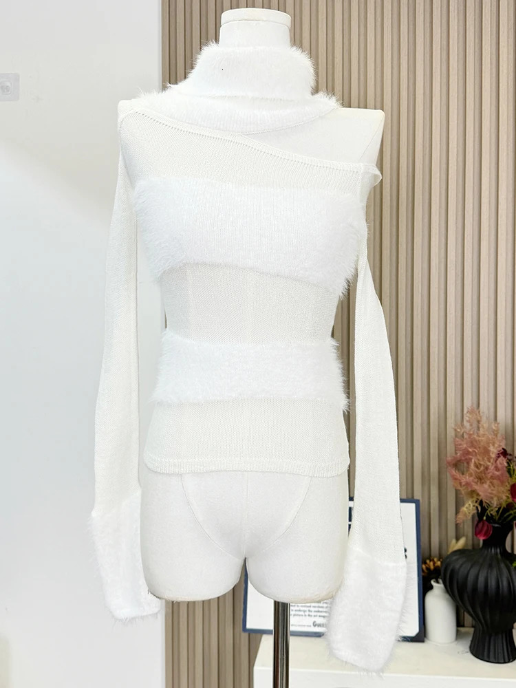 Winter Women Old Money Long Sleeve Cuddly Turtleneck Sweater Knitwear 2000s Jumper Korean Fashion Off Shoulder Gyaru Coquette 250103