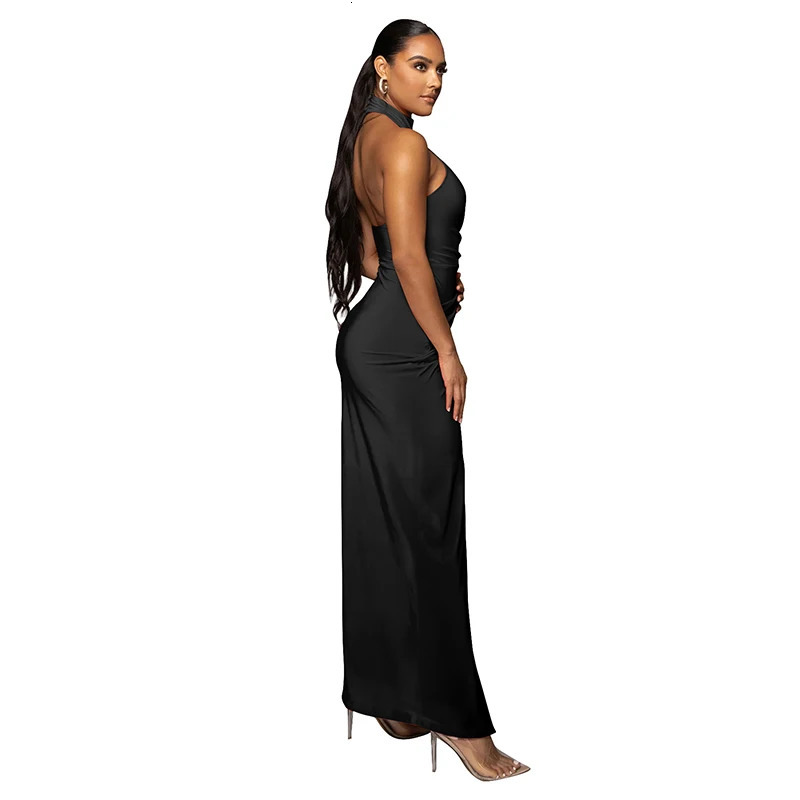 Elegant Women Halter Sleeveless Backless Draped Pleated Long Dress Sexy Bodycon Outfit Evening Birthday Party Wedding 250103