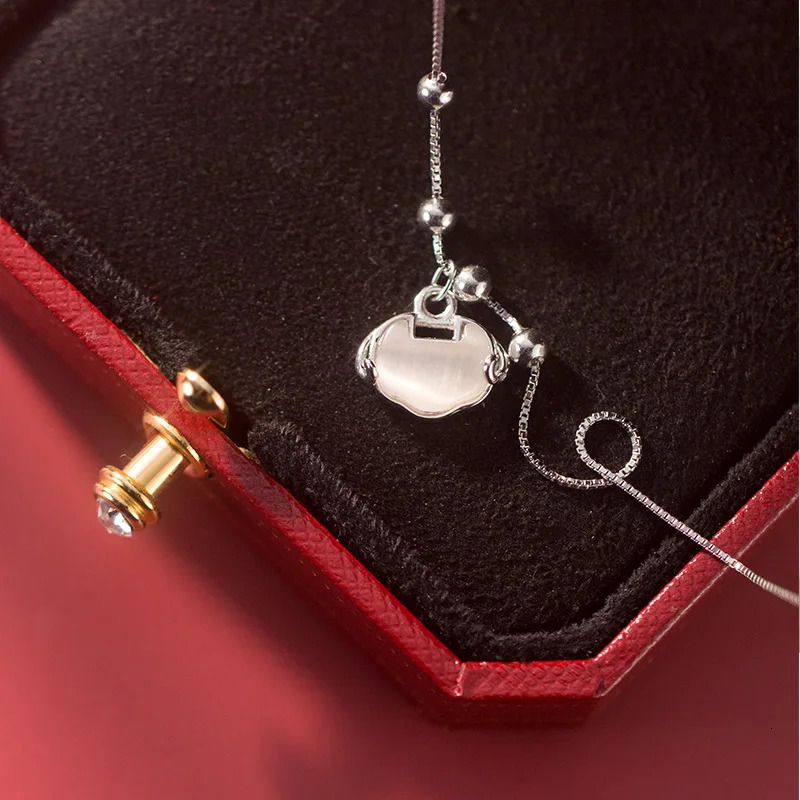 925 Sterling Silver Necklace Oval Long Life Lock Exquisite Pendant Ladies Fashion Retro Style Small Round Bead Chain 250106