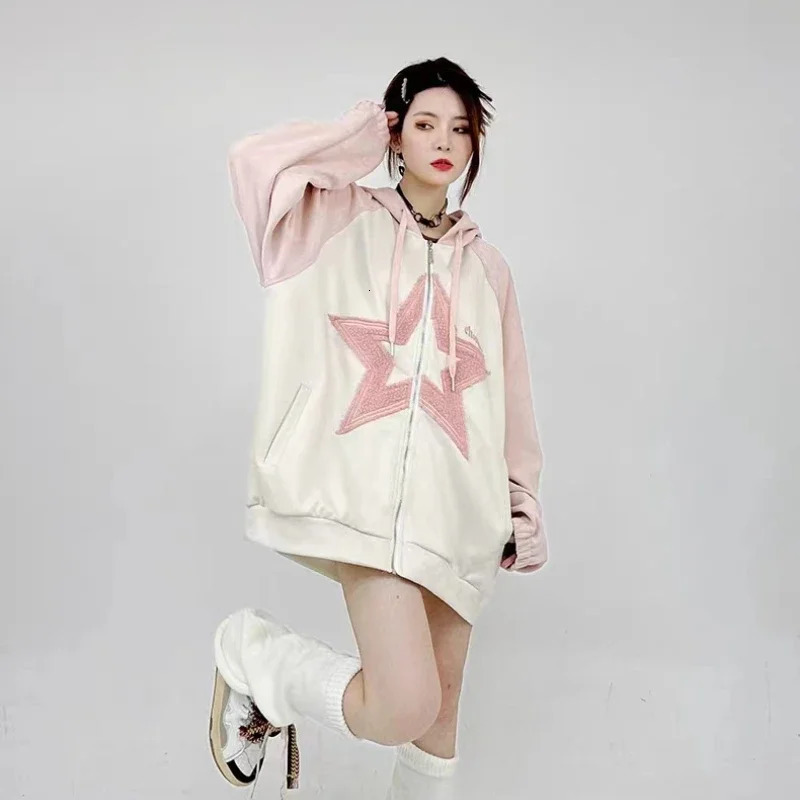 Embroidered Flocking Hoodies Women Clothing High Street Vintage Hip Hop Stitching Zip Up Hoodie Woman Loose Casual Clothes Tops 250106