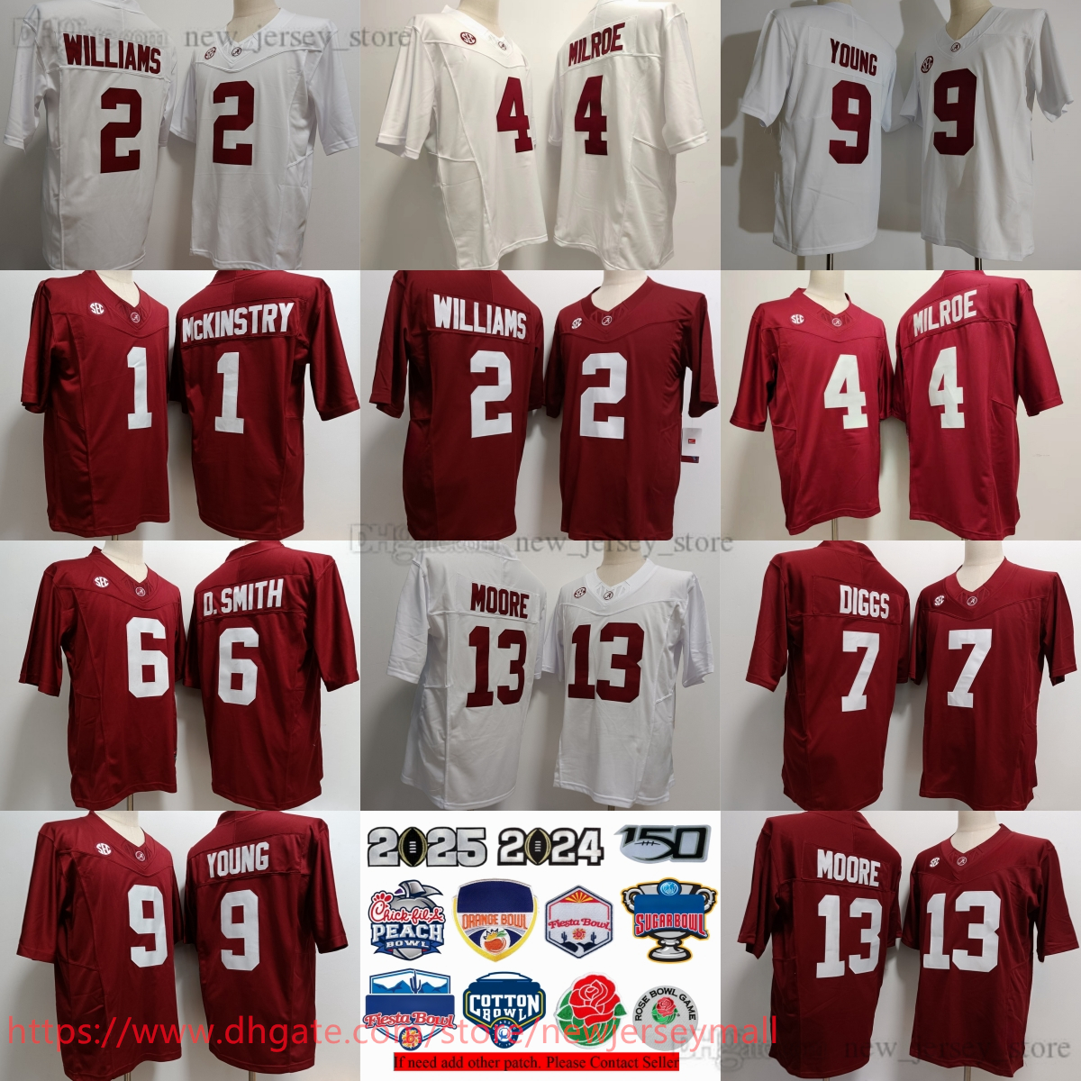 FreeShipping 2025 Alabama Crimson Tide Football 2 Ryan Williams Jersey College 4 Jalen Milroe 6 DeVonta Smith Jerseys NCAA Bowl Patch 150th Stitched Man Women Youth