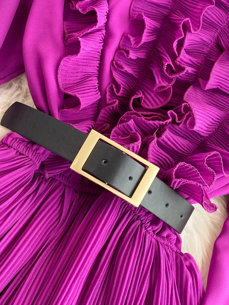 XFPV Vintage Solid Ruffles Patchwork Puff Long Sleeve Belt Dress Women Elegant Pleated Vestido 2025 Spring Summer SM5508 250103