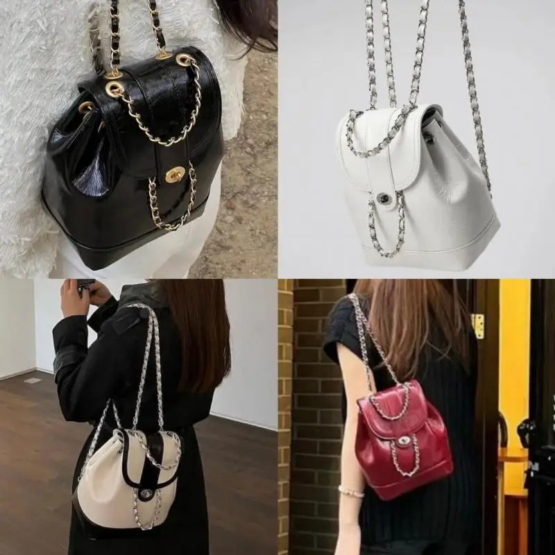 Women Korea Autumn Winter Mini Chains Backpack Female Ins Student Oil Wax Leather Shoulder Bag Travel Bagpack Black Rucksack 250102