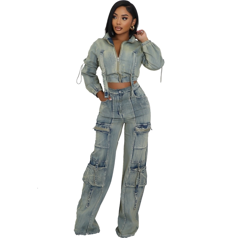 Womens Tracksuits Two Pieces Set 2025 New Fashion Sexy High Elasticity Multi Pocket Washed Cowboy Casual Set