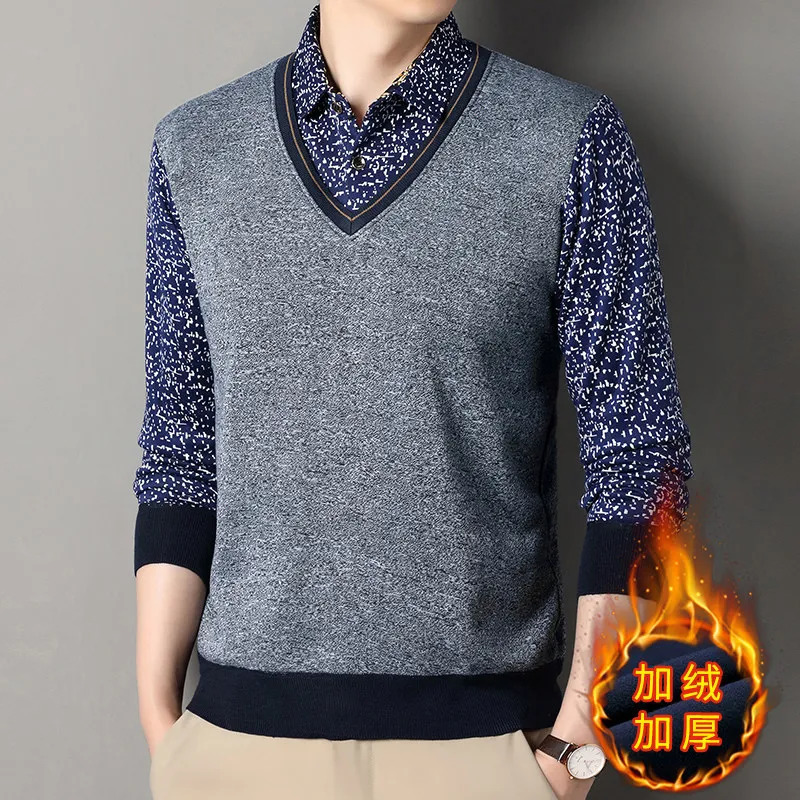 Intelligent leisure autumn mens lapel print two-piece splicing work fashion long sleeved polo shirt knitted top 250103
