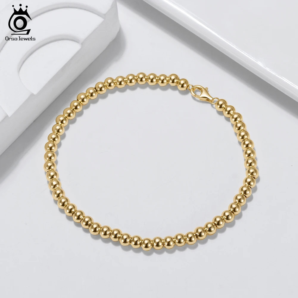 ORSA JEWELS 925 Sterling Silver Italian 4mm Round Ball Bead Strand Bracelet for Women Handmade 14K Gold Bracelet Jewelry SB103 250102