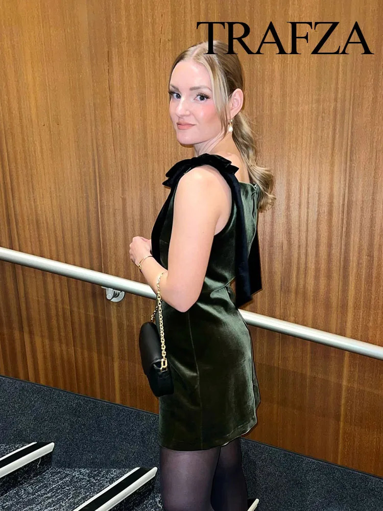 TRAFZA Women Summer Chic 3D Bow Design Mini Dress Female Fashion Sexy Sleeveless Back Zipper Slim Elegant Party Mujer 250103