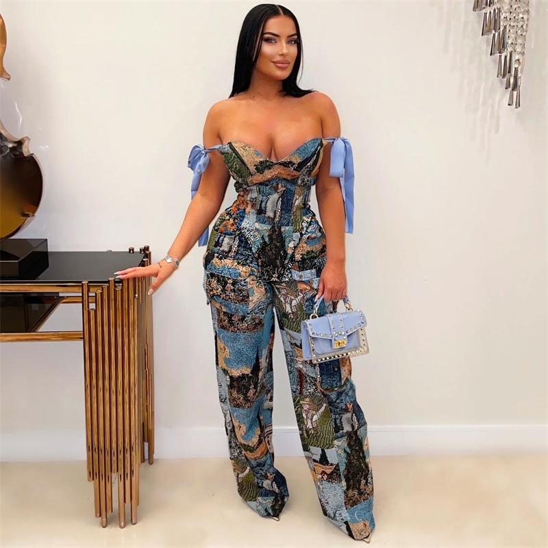 Women Tracksuits Two Pieces Set 2025 New Fashion Printed Oil Painting Pattern Strap Drawstring Multi Pocket Pants Set