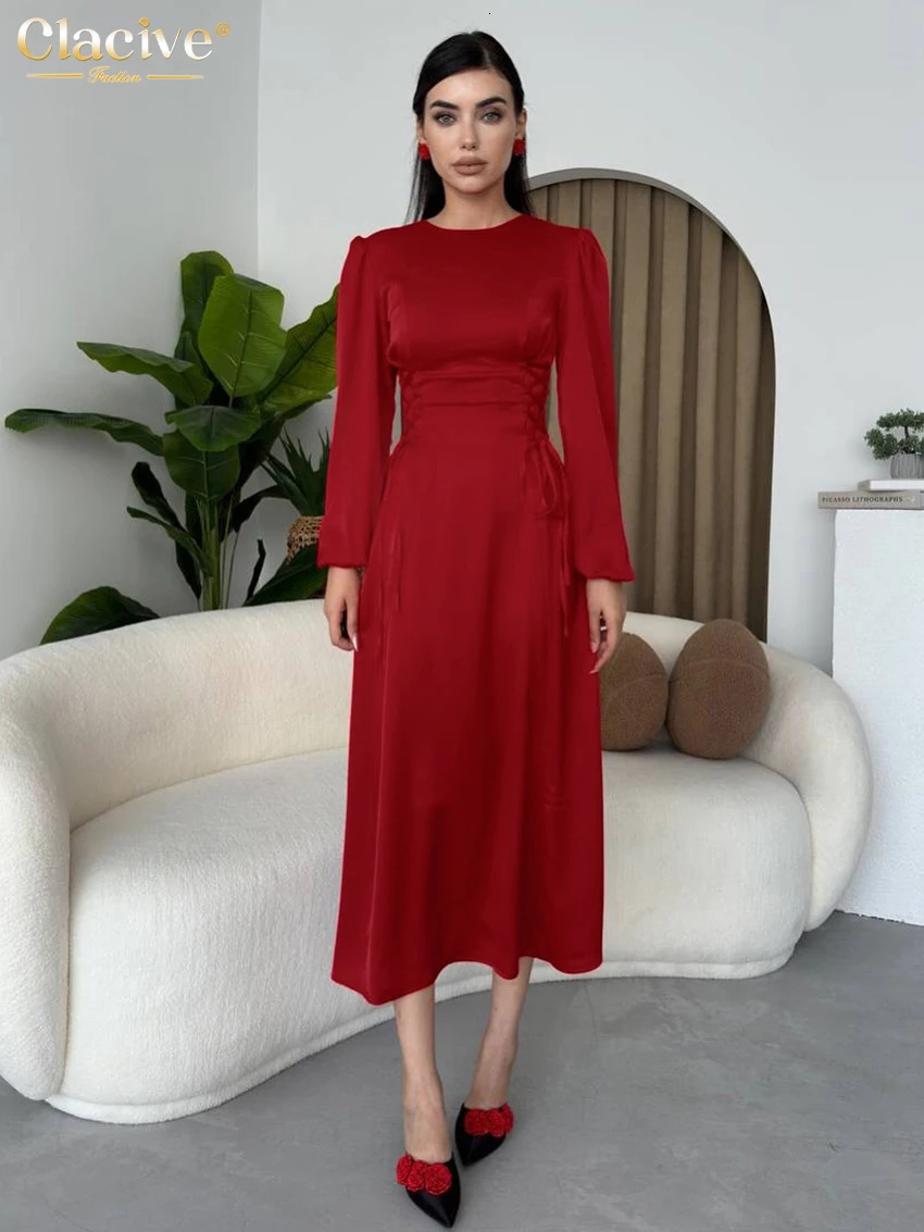 Clacive Fashion Ultra Thin Black Satin Womens Dress 2025 Bodycon O-Neck Long Sleeve Midi Dress Elegant Classic Bandage Womens Dress 250103