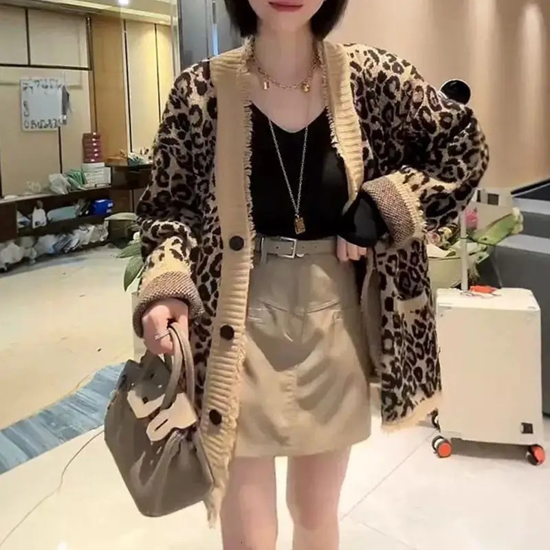 Vneck Tassel Westernstyle Highend Leopard Print Fashionable Retro Lazy Style Sweater Cardigan Womens 250103