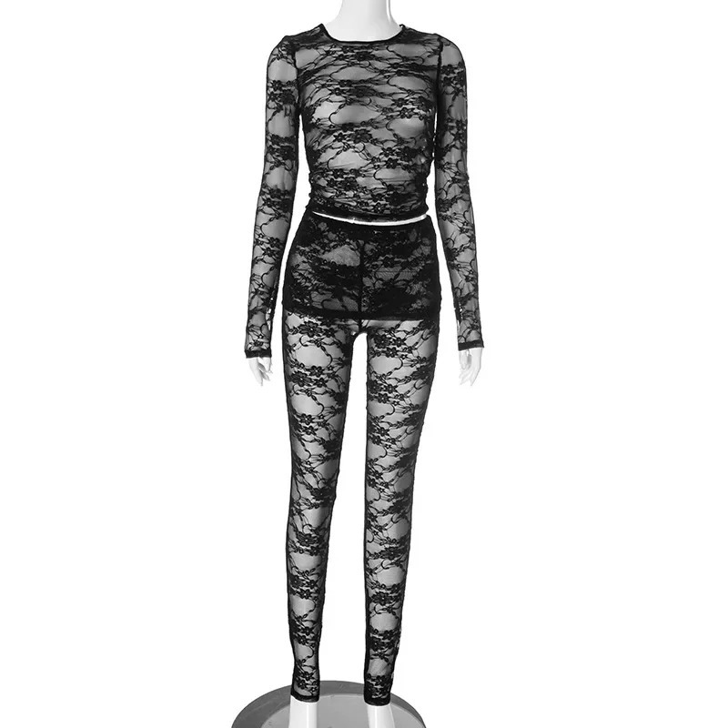 Sexy Sheer See Through Two Piece Women Lace Legging Outfits 2025 Fashion Long Sleeve Tops and Ruffles Skirts Pants Matching Sets 250106