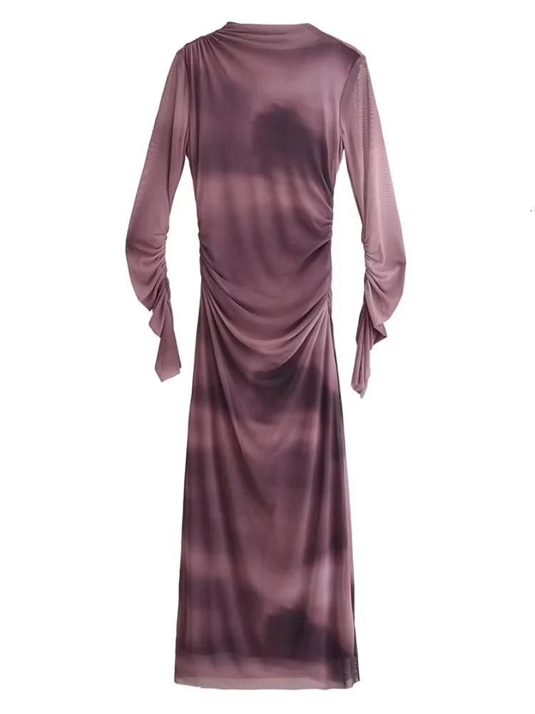 TRAF Womens Printed Chiffon Tight Dress 2025 Fashion Ruffle Elegant Long Sleeve Party Dress 250103