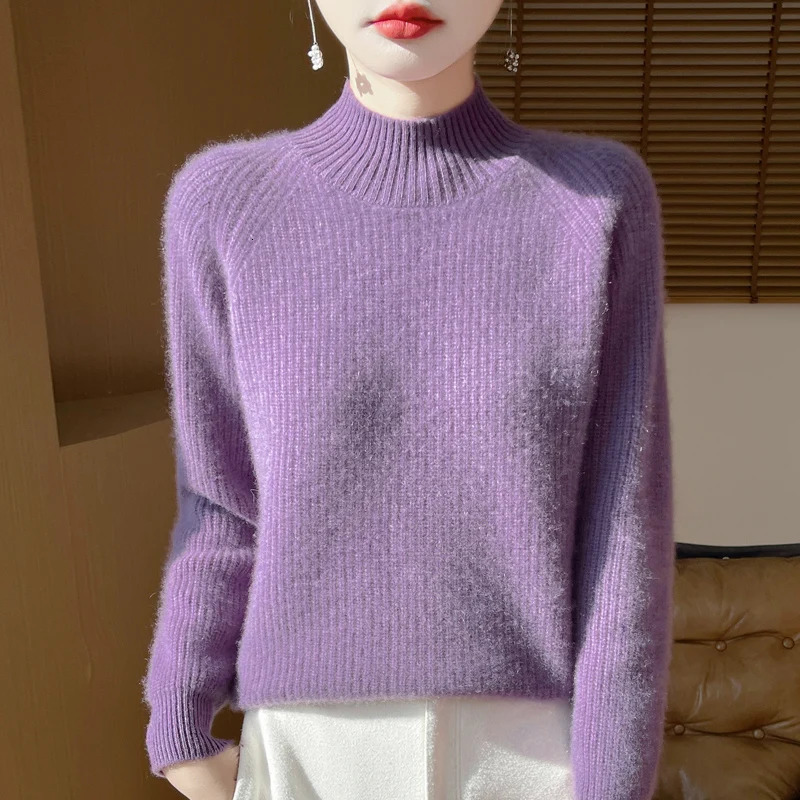 Autumn and winter 100% pure wool womens semihigh neck pullover European loose padded knit bottoming shirt 250103