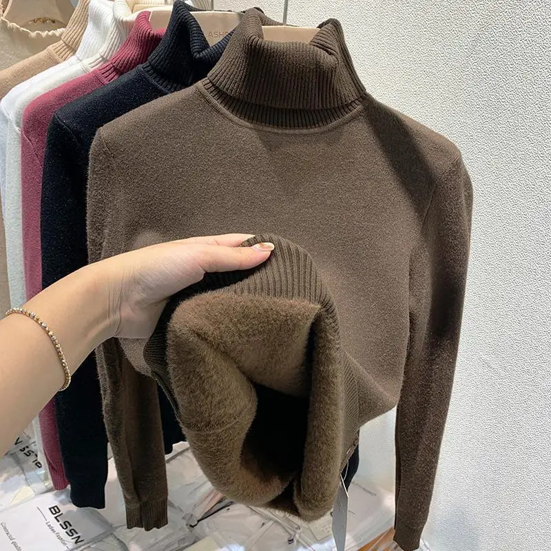 Thicken High Collar Pullover Womens Sweater Top Winter Warm and Soft Solid Color Inner Wear Bottoming Shirt 250103