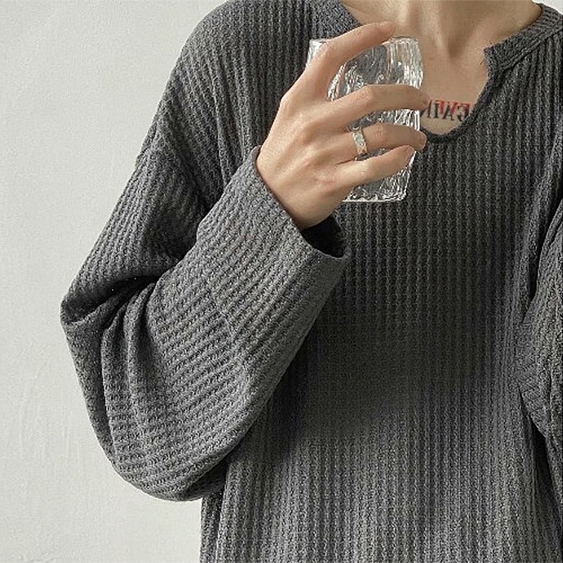 Mens Retro Loose Lazy Stylish Long Sleeve TShirt Casual O Neck Solid Exposed Clavicle Tops Breathable Basic Shirt 2025 241217