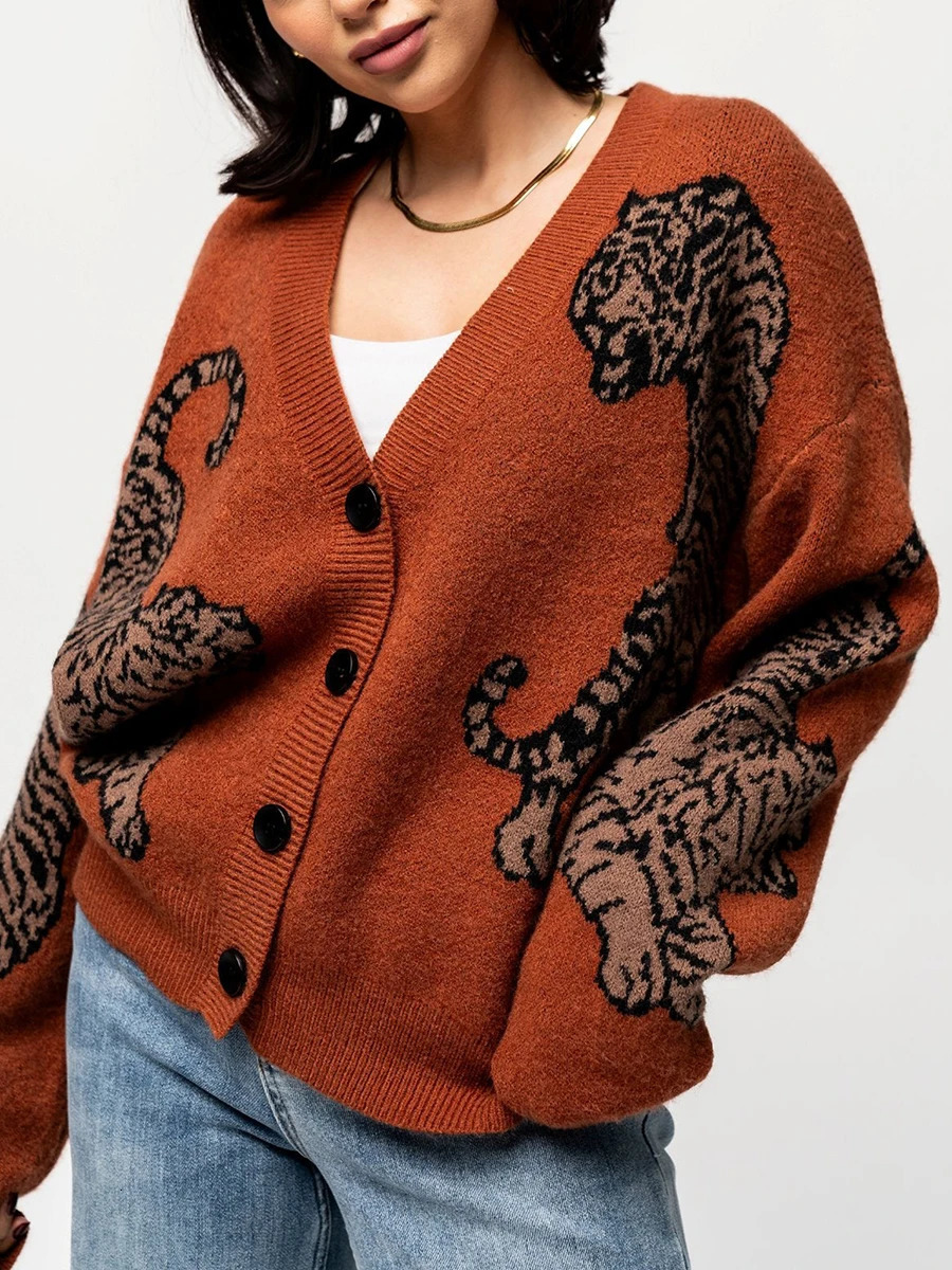 Women Button Up Sweaters Autumn Casual Lightweight Tiger Print Long Sleeve Knit Cardigans Spring Warm Knitwear for Streetwear 250103