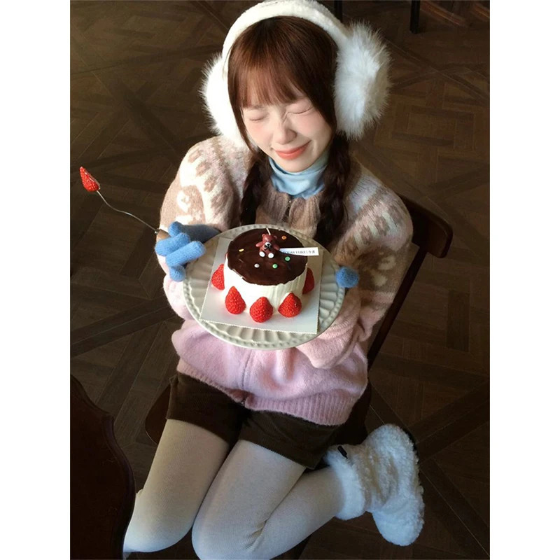 MEXZT Vintage Print Knitted Cardigan Women Japanese Long Sleeve Sweater Outerwear Winter Aesthetic Pink Knitwear Korean Jumpers 250103